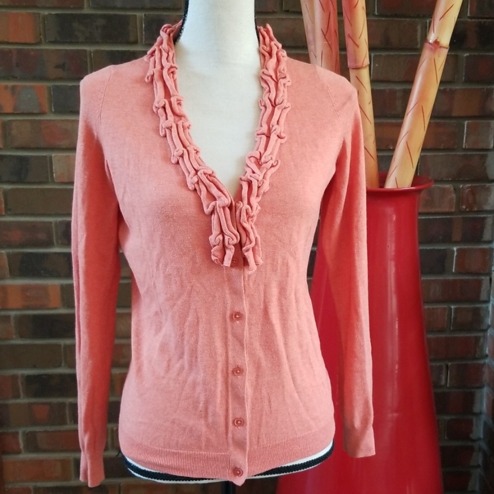 Talbots Ruffled V Neck Button Down Cardigan - Picture 2 of 7